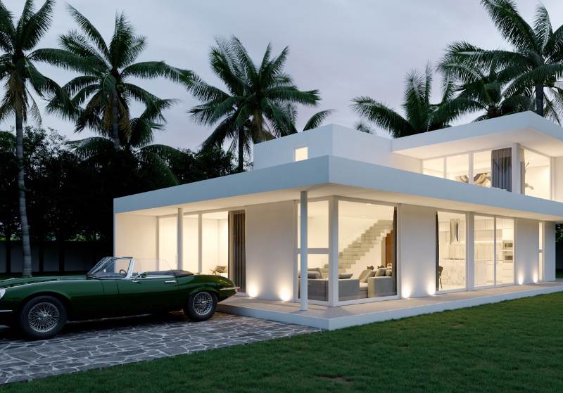Vista frontal de Casa Blanca 23, diseño contemporáneo adaptado al clima tropical.